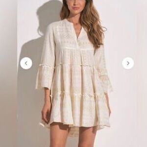 Juniper Blu Beige Gold Metallic Shimmer Peasant Midi Dress Size Medium